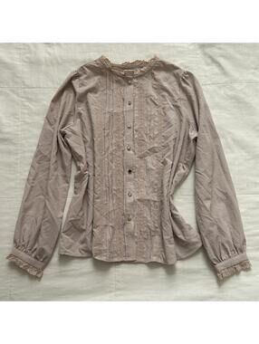 Axes Femme vintage inspired pink pleated placket blouse lace details and buttons